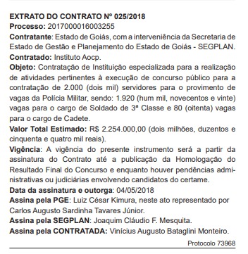 Extrato de contrato da banca do concurso PM GO AOCP