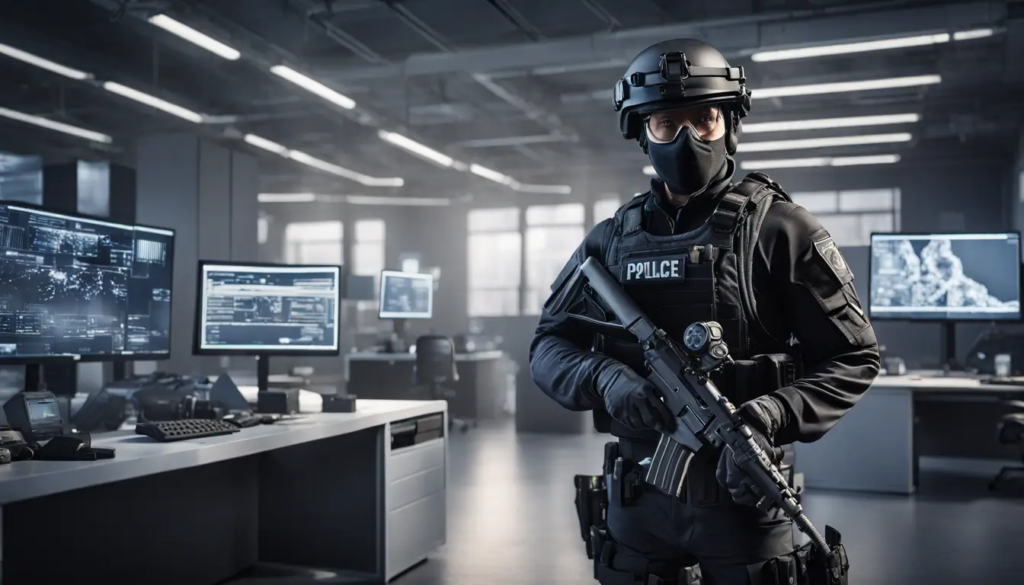 Policial federal de elite em equipamento tático em um escritório moderno com equipamentos de alta tecnologia, representando a carreira desafiadora e os benefícios.