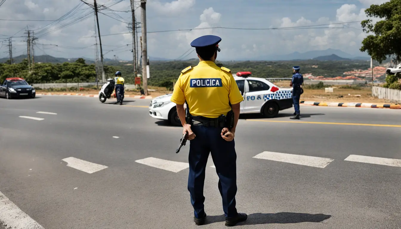 Estrada asfaltada com Policial Rodoviário Federal e viatura, representando a carreira promissora na Polícia Rodoviária, ideal para o post sobre sucesso profissional.
