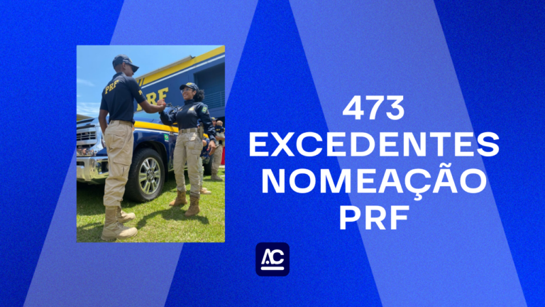 Concurso PRF Polícia Rodoviária Federal serão 473 nomeações novos aprovados. Imagem fundo azul, com logo empresa AlfaCon Concursos Públicos texto 473 excedentes nomeação PRF e imagem de servidores PRF uniformizados cumprimentando e viatura da PRF no fundo