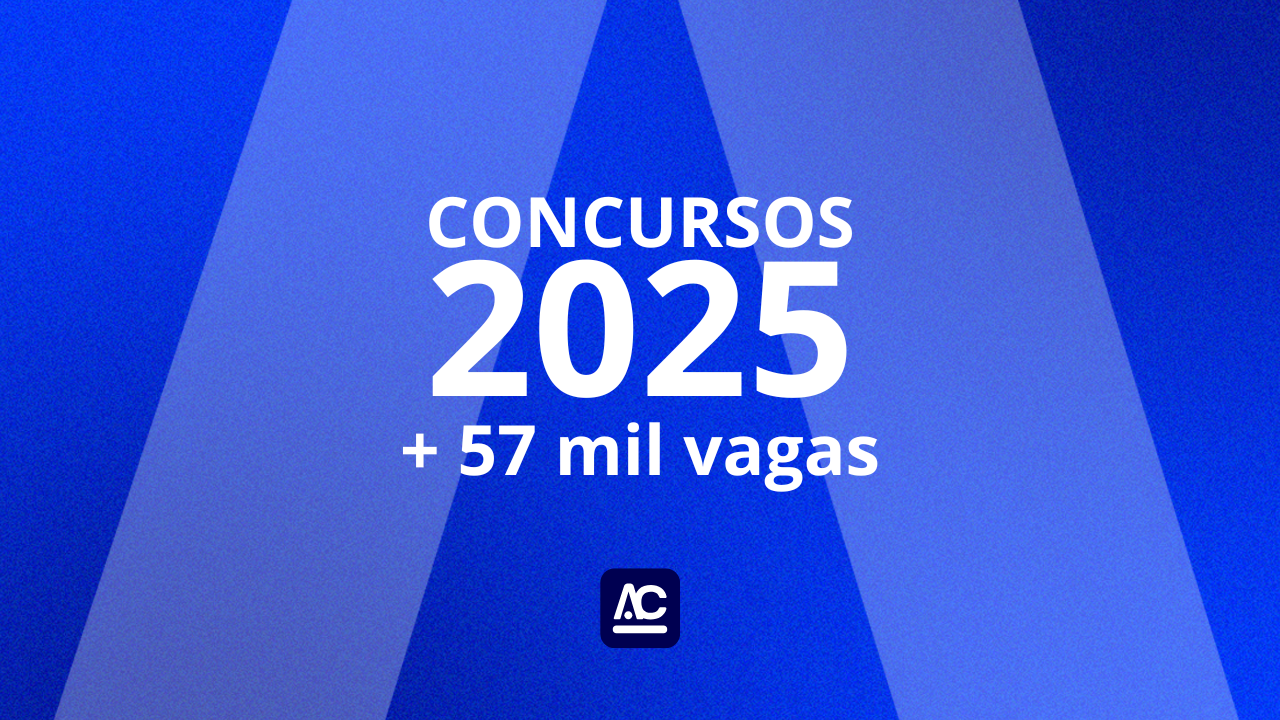 Concursos Públicos 2025 são mais de 57 mil vagas para todas as carreiras policial, militar, administrativos e outros. Com escolaridades de ensino médio, superior em todo o Brasil. Imagem com fundo azul. logo AlfaCon Concursos Públicos, texto escrito concursos 2025 + de 57 mil vagas