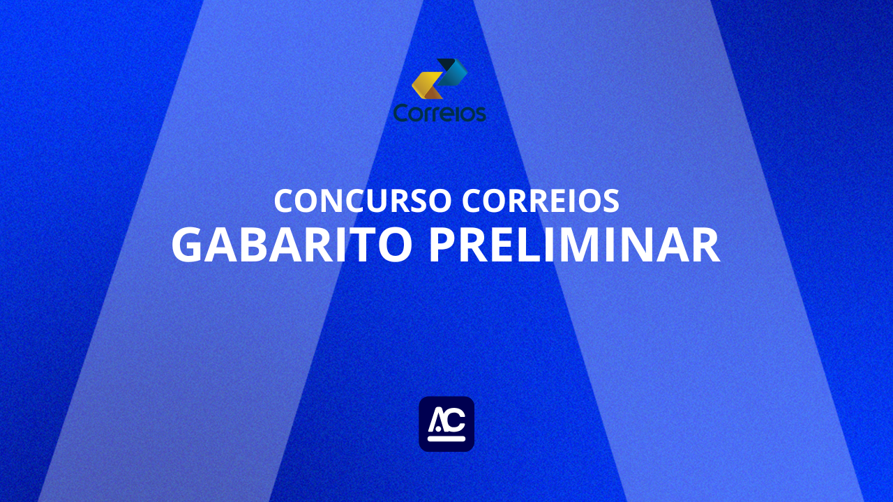 Concurso Correios AlfaCon Concursos Públicos preparou evento ao vivo no Youtube sobre como foi a prova dos correios, quais as respostas das questões e possíveis recursos gratuitamente. Imagem com azul de fundo, logomarca da empresa dos Correios e escrita em branco correios gabarito preliminar. Artigo explicando como acessar gabarito e o que fazer depois do concurso.